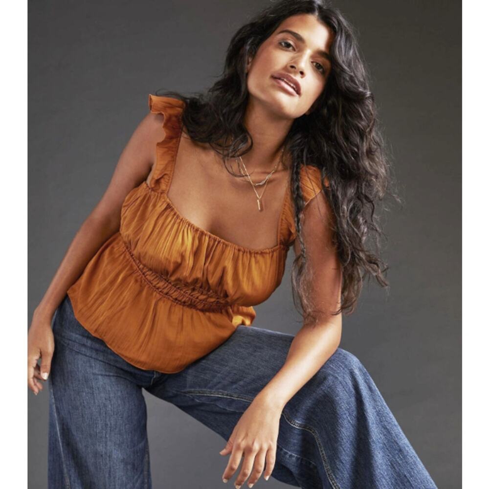 Anthropologie Women's Tiered Ruffled Flutter‎ Sleeves Tank Ruched HTF Honey/Gold